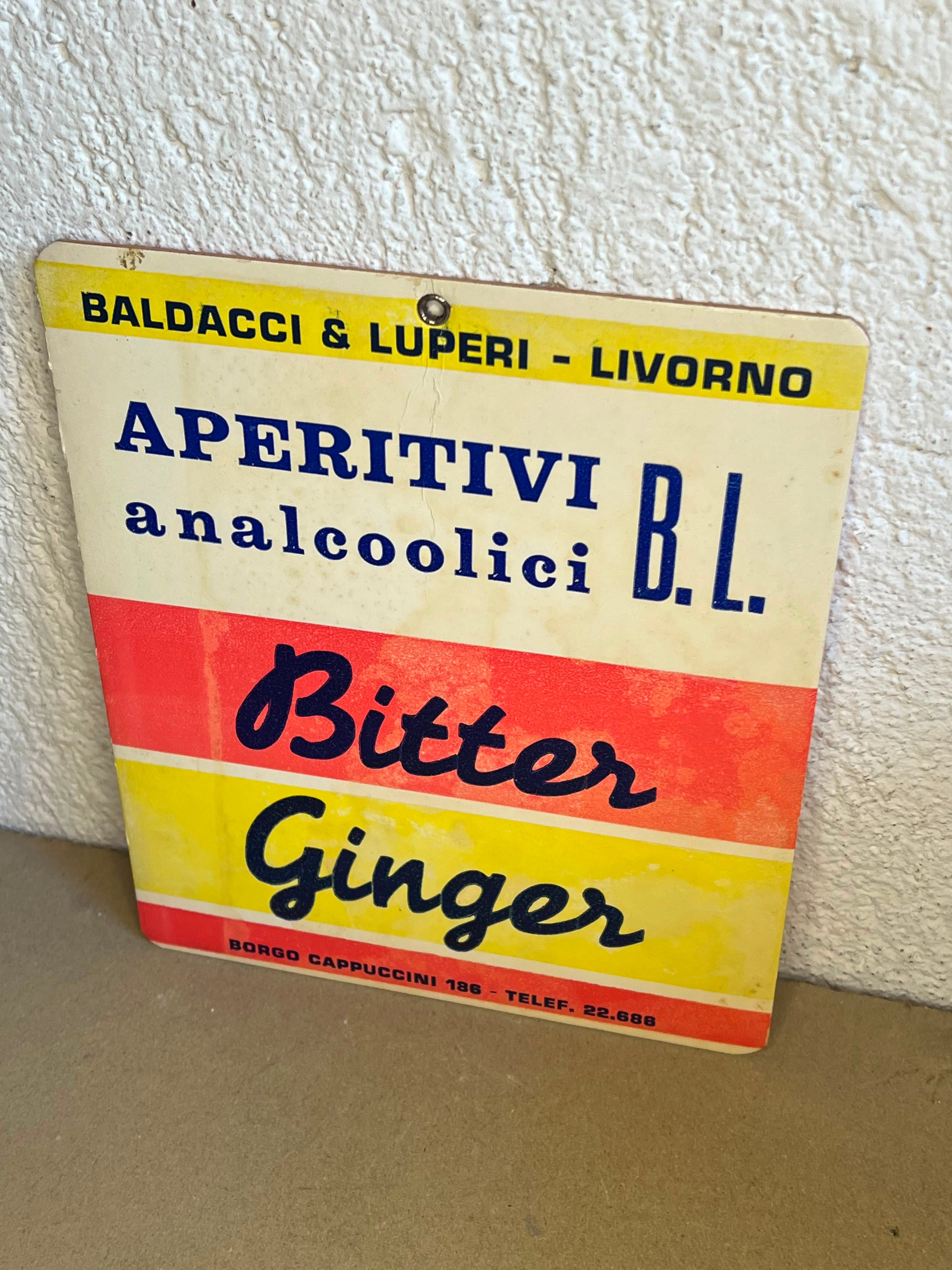 Cartello Pubblicitario Vintage Baldacci & Luperi Livorno - Bitter Ginger Anni '60