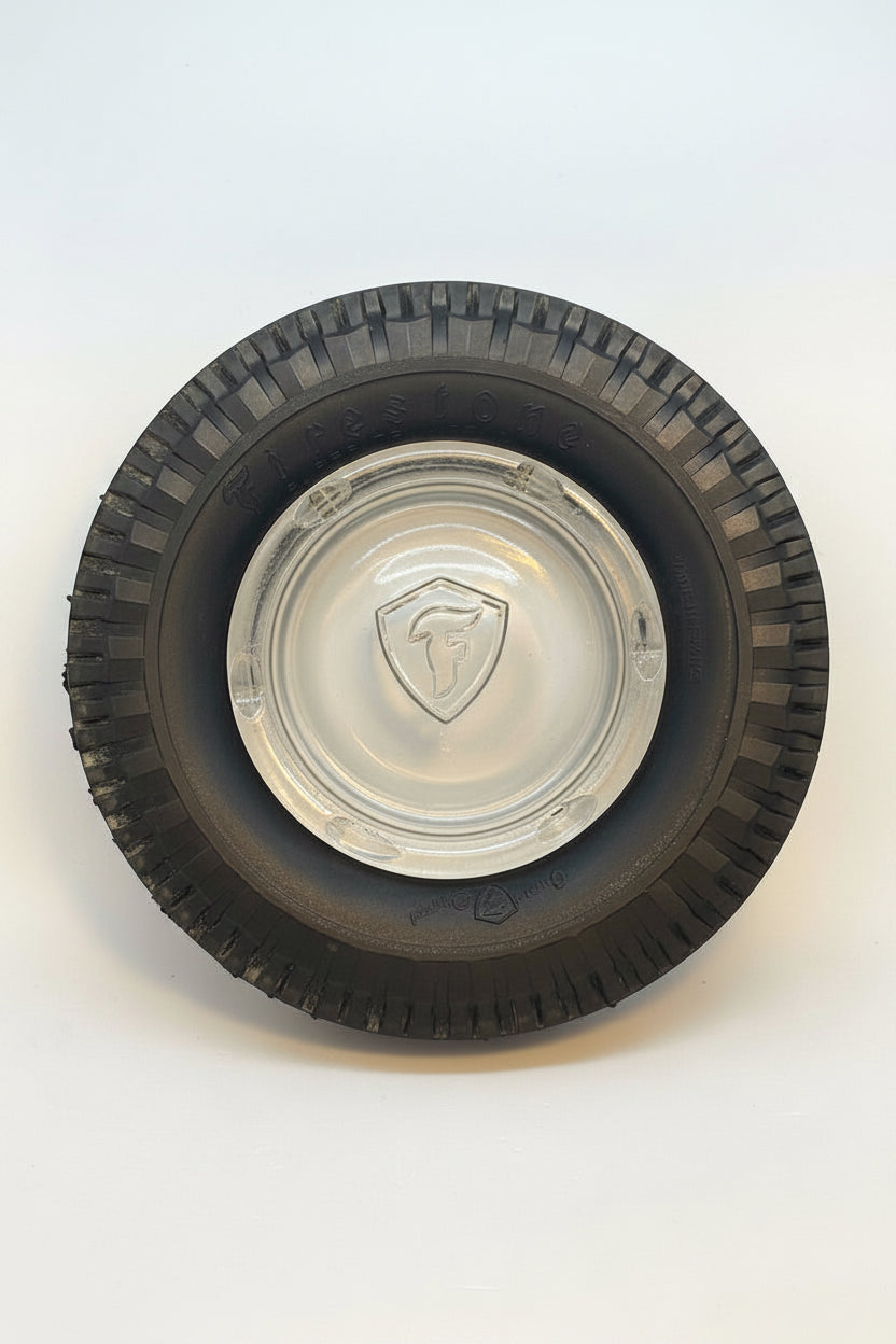 Posacenere Vintage Firestone in Gomma e Vetro - Gadget Automobilia Epoca