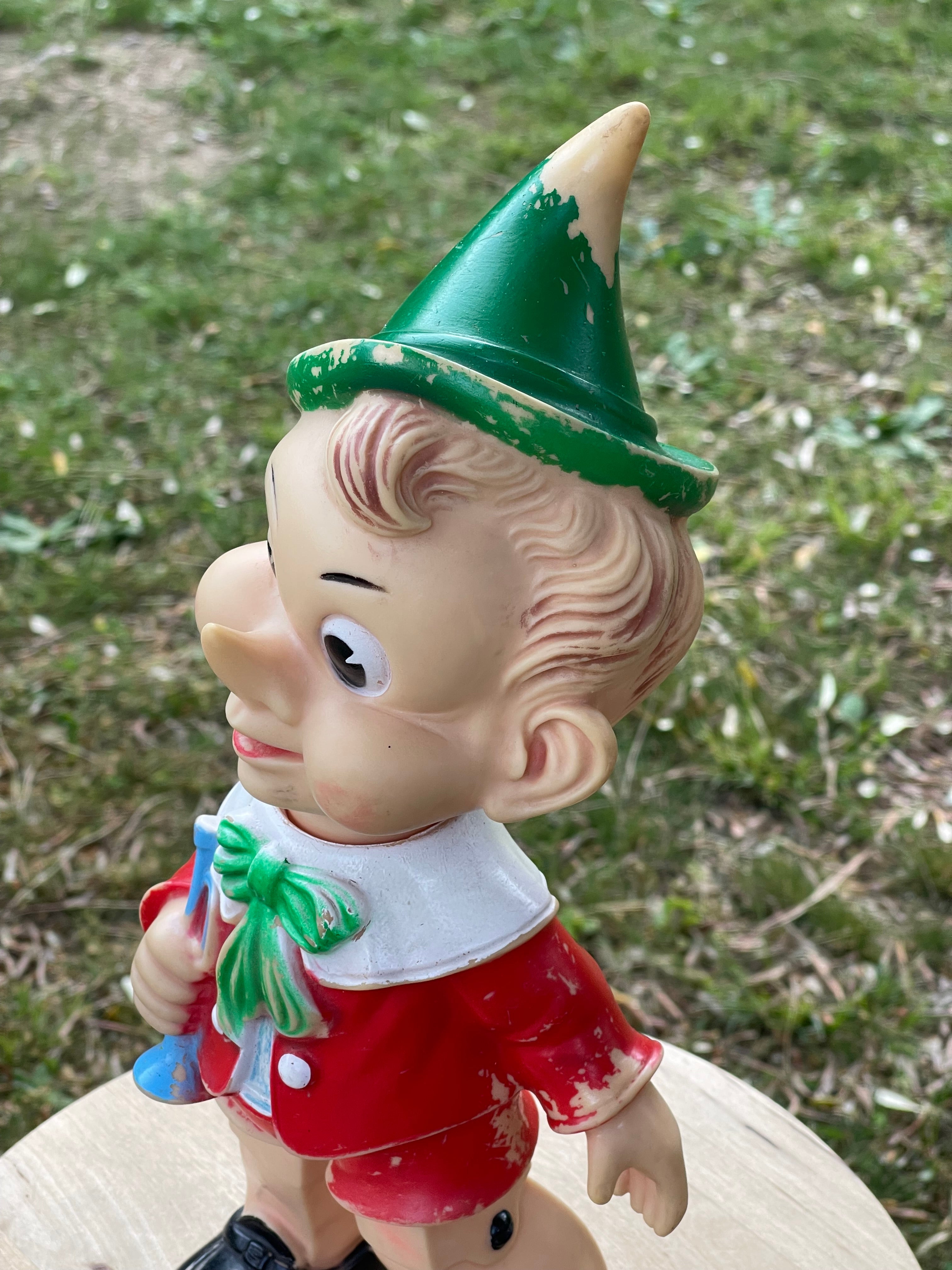 Pupazzo Pinocchio vintage in gomma Ledra Plastic anni 60 con trombetta - H 38 cm