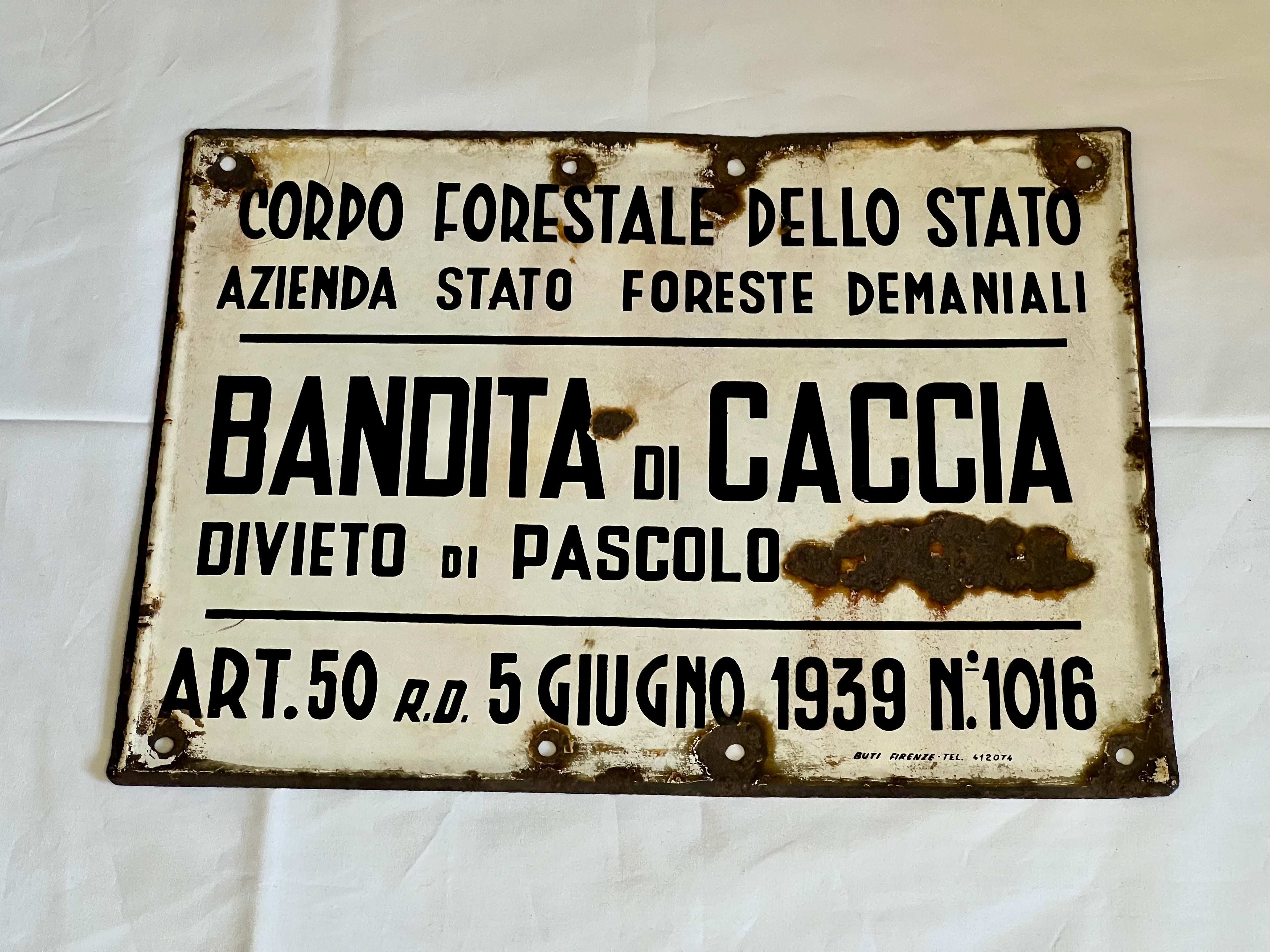 Targa insegna Smaltata Bandita di Caccia 1939 Originale