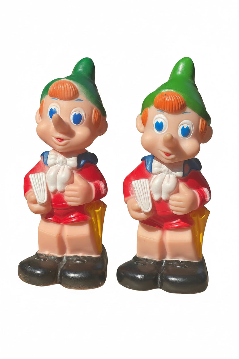 Coppia Pupazzi Pinocchio Vintage in Gomma Vinile tipo Ledra Anni 70/80 con Fischietto