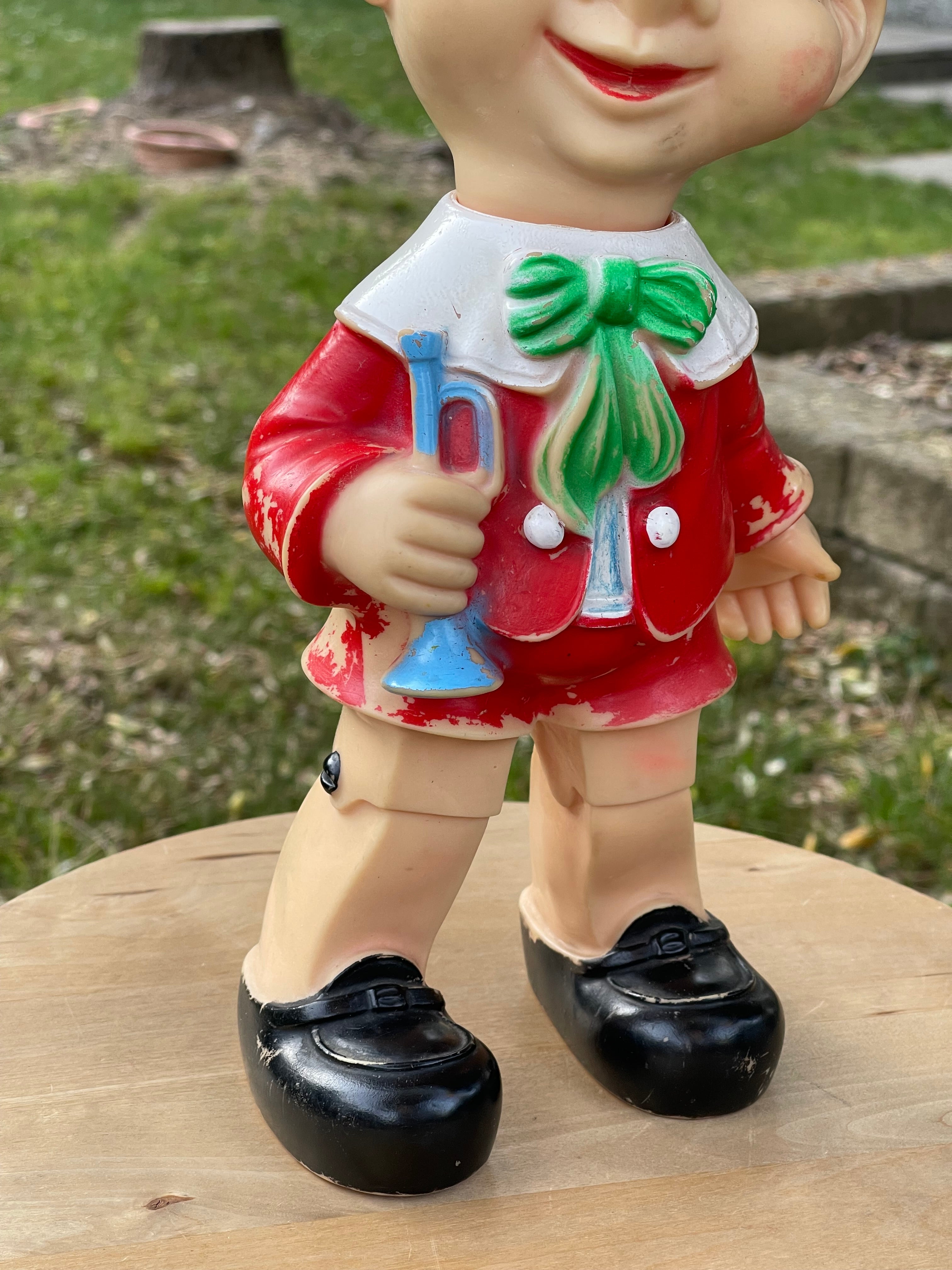 Pupazzo Pinocchio vintage in gomma Ledra Plastic anni 60 con trombetta - H 38 cm