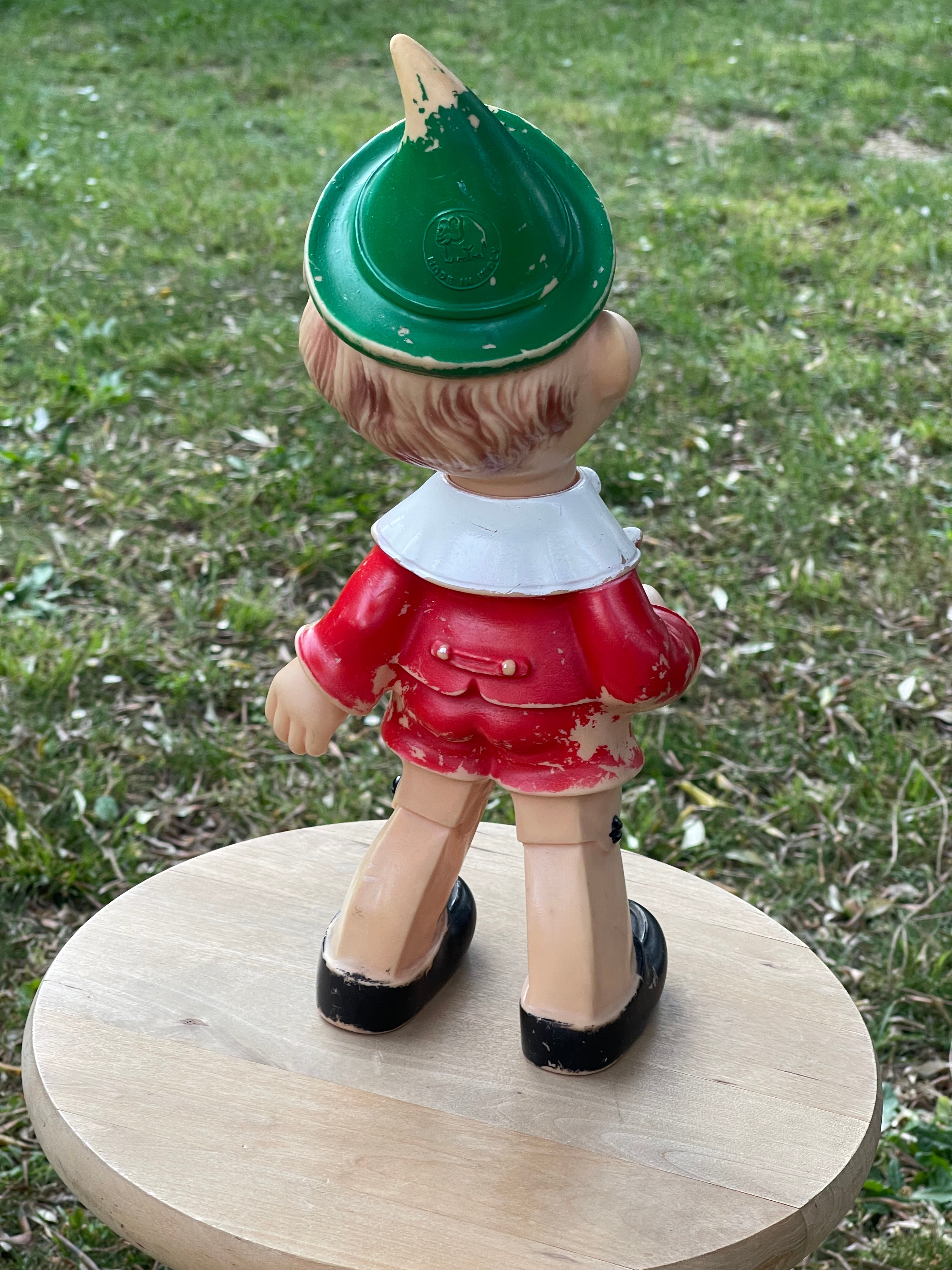 Pupazzo Pinocchio vintage in gomma Ledra Plastic anni 60 con trombetta - H 38 cm