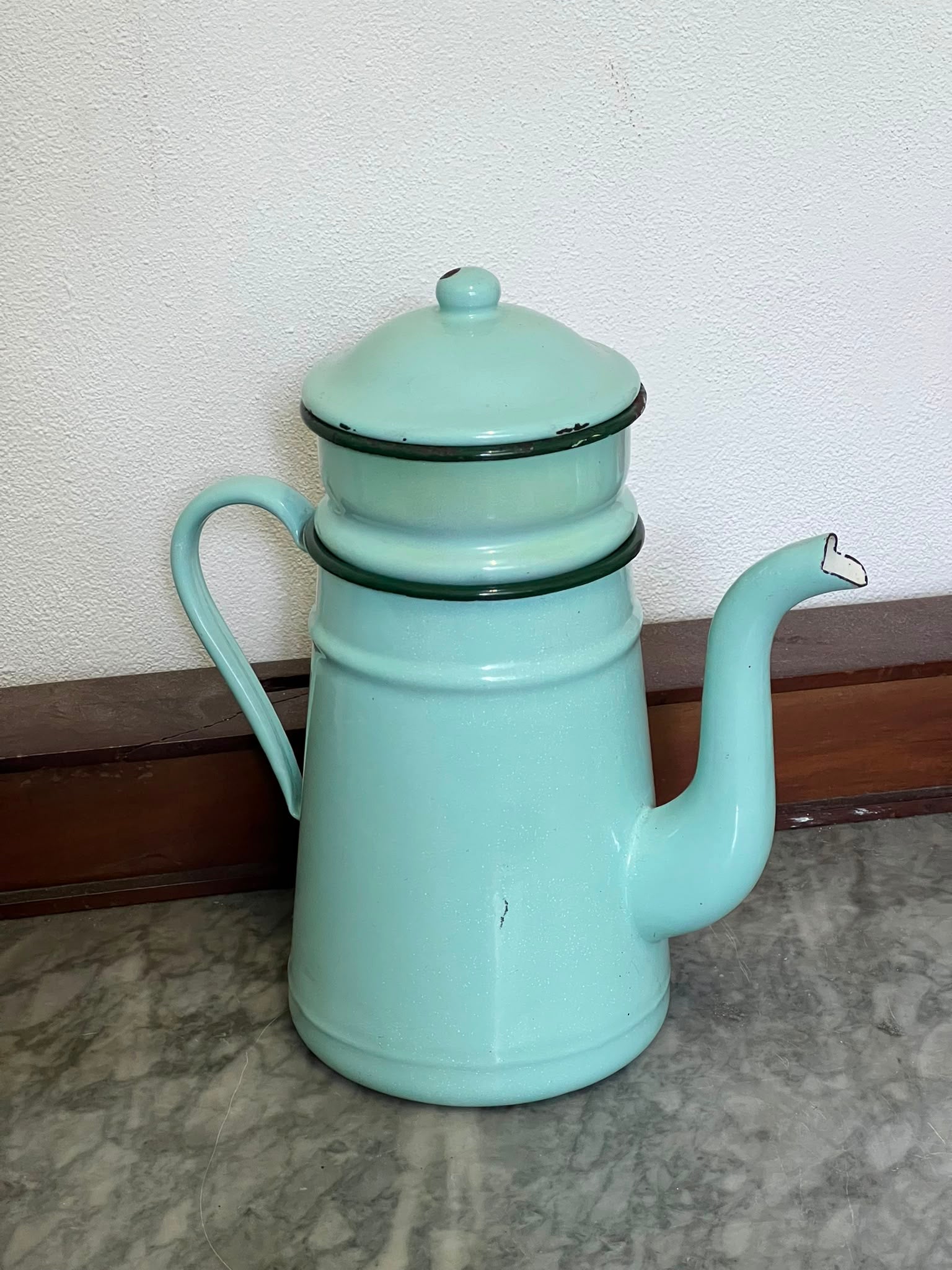 Caffettiera Vintage Francese in Lamiera Smaltata – Verde Menta (Novecento) pezzo unico