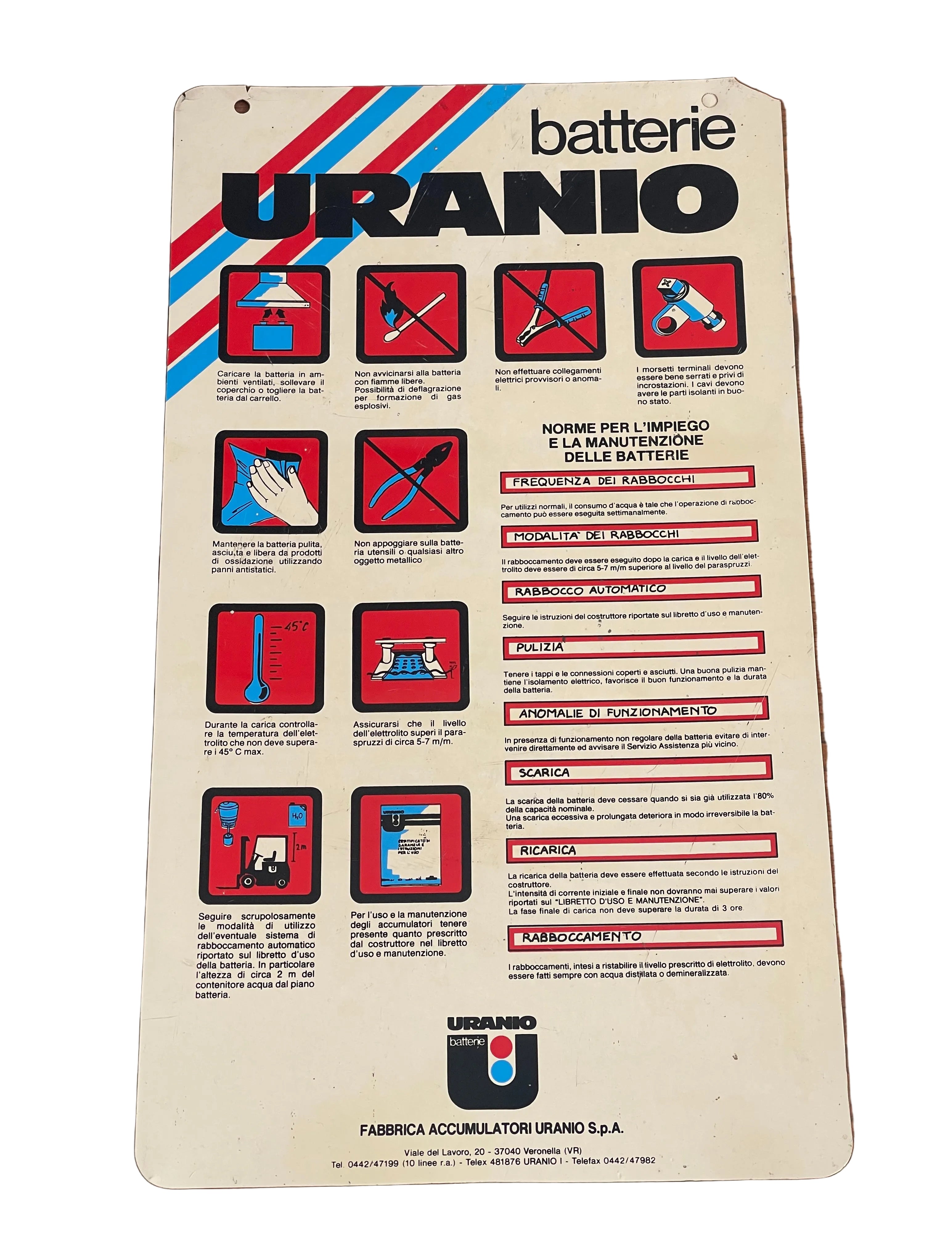 Targa Vintage Officina "Batterie Uranio" – Tabella Istruzioni Plastifica , Anni 70/80