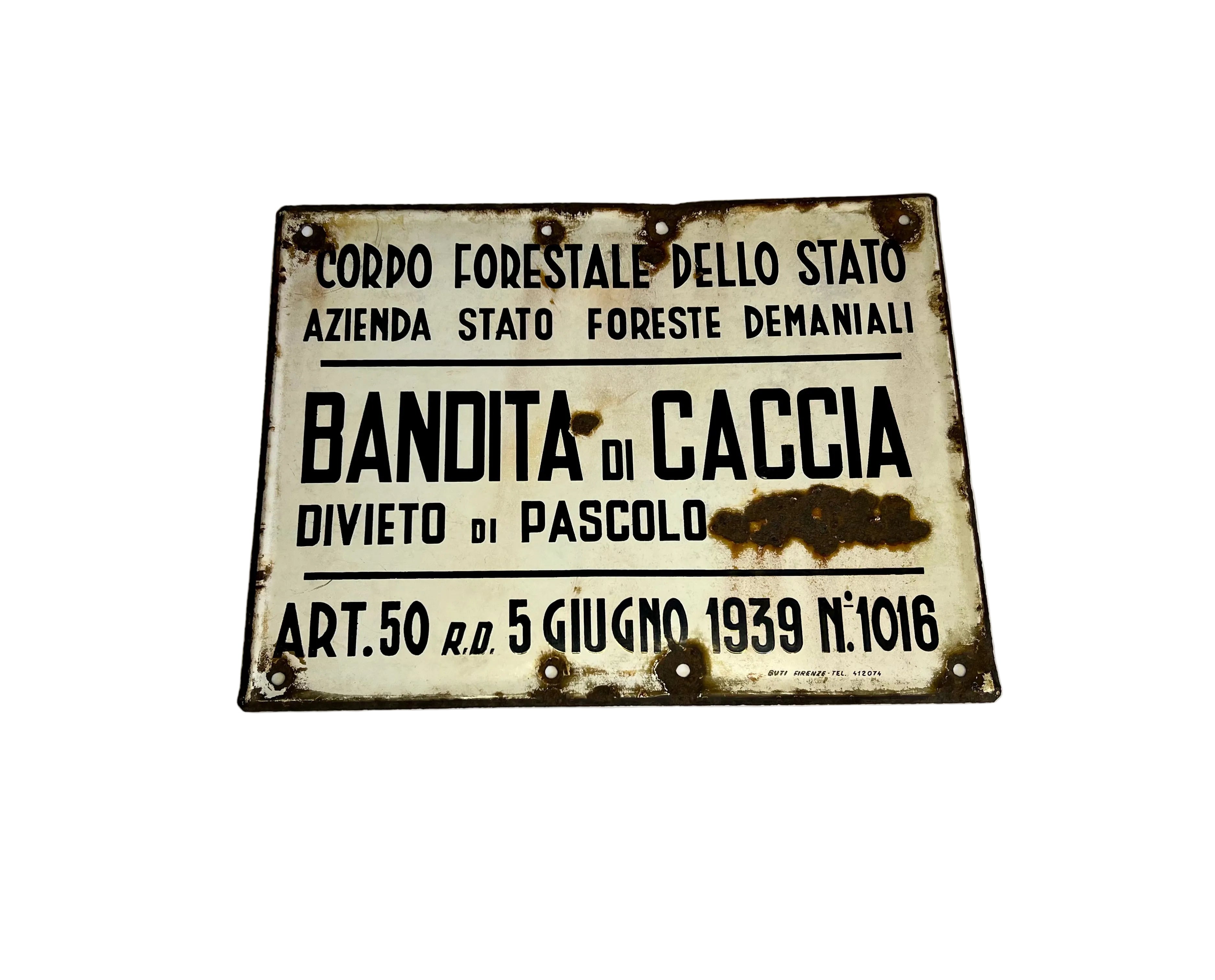 Targa insegna Smaltata Bandita di Caccia 1939 Originale