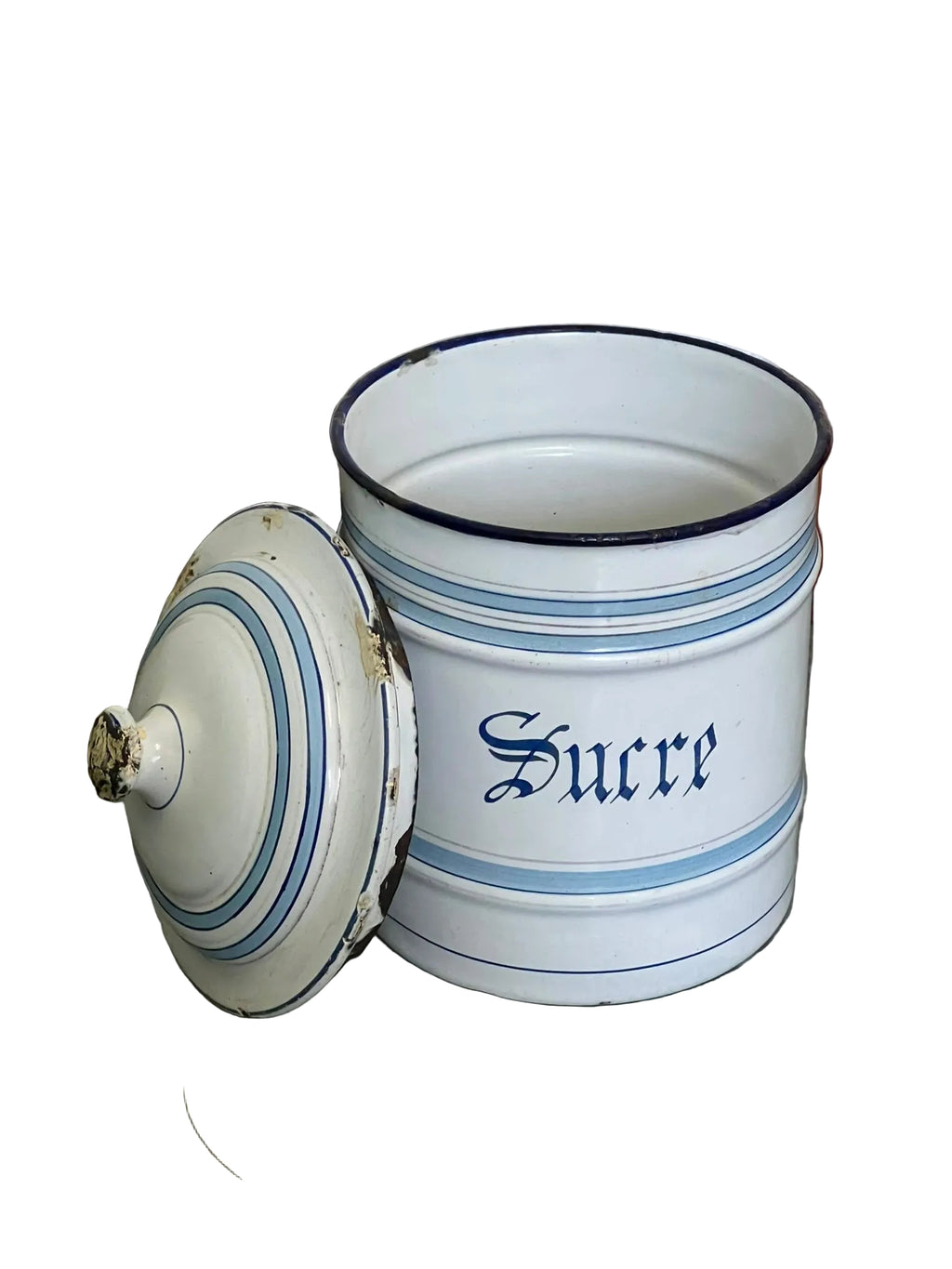 Barattolo Zucchero "Sucre" Vintage in Metallo Smaltato Bianco e Blu - Antiquariato Francese pezzo unico