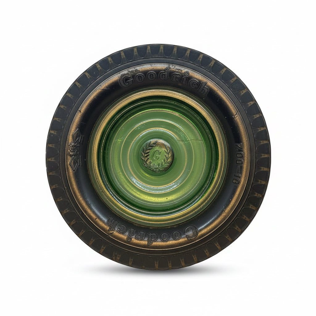 Posacenere Vintage BF Goodrich Anni 60 – Posacenere Pubblicitario da Collezione con Inserto in Vetro Verde