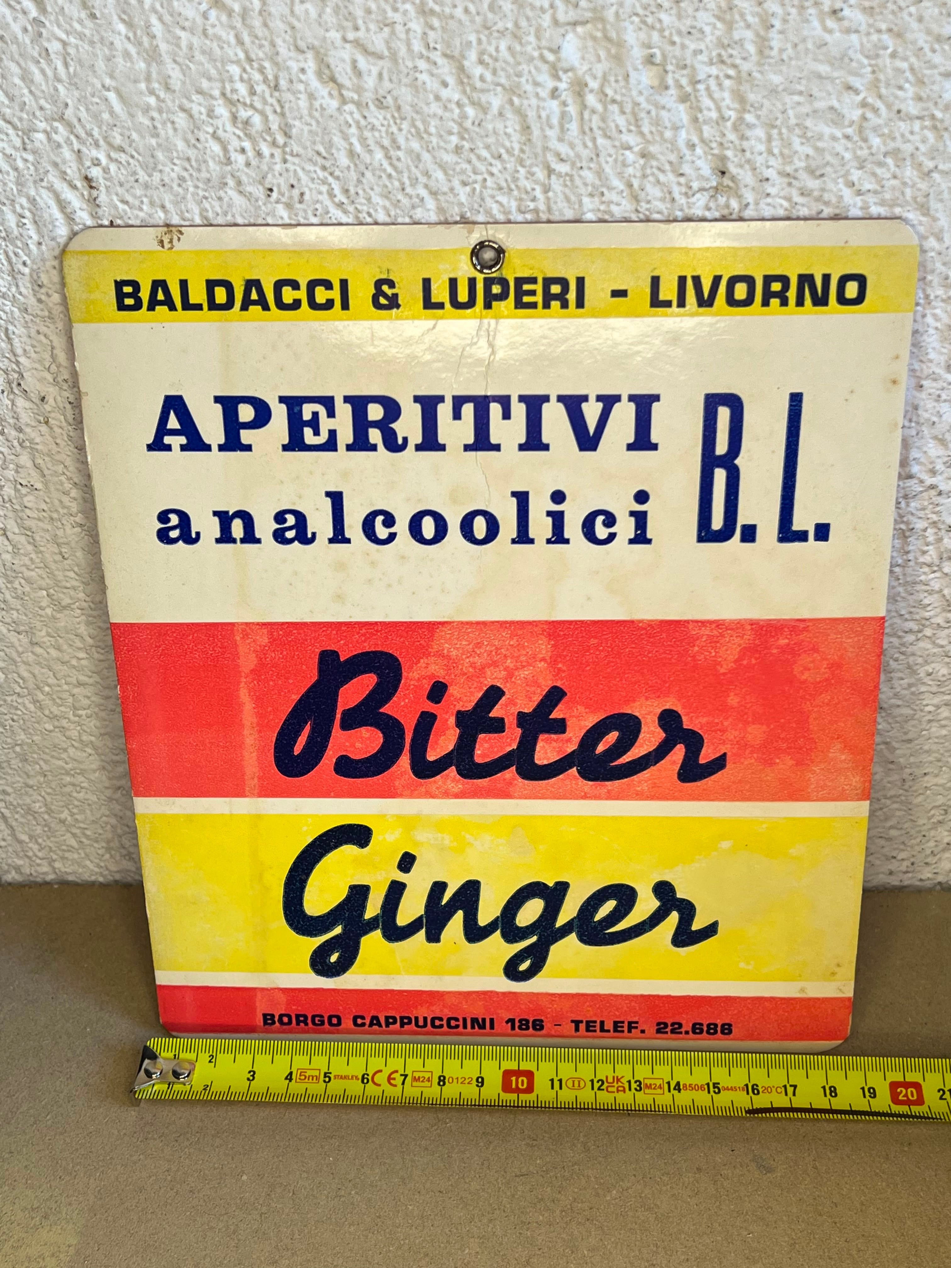 Cartello Pubblicitario Vintage Baldacci & Luperi Livorno - Bitter Ginger Anni '60