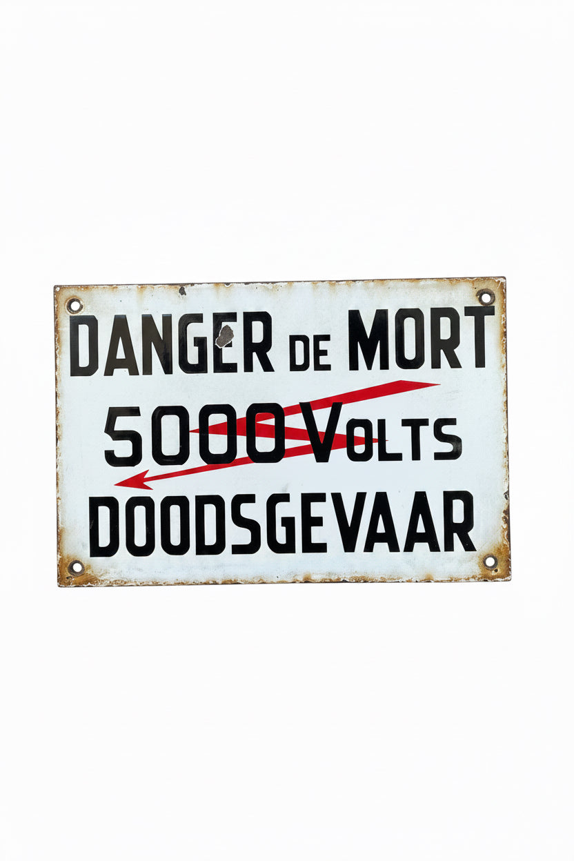Insegna Smaltata Vintage Anni '50 "Danger de Mort - 5000 Volts" – 30x20 cm