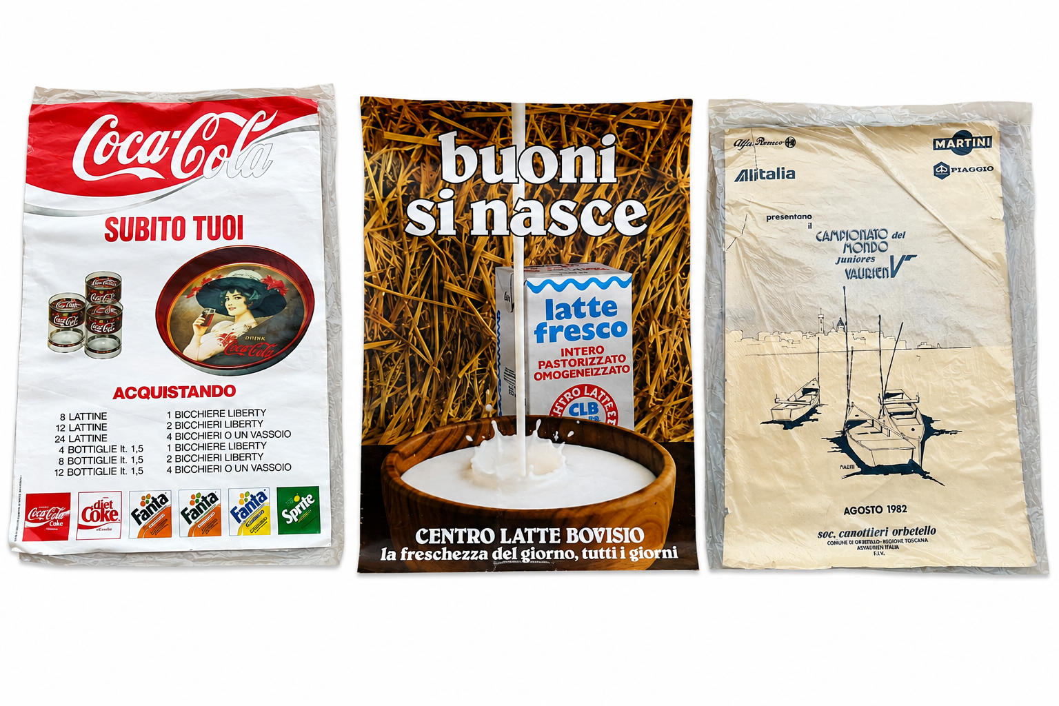3 Manifesti Vintage Originali Anni '80 – Lotto Collezione Pubblicità e Sport (Coca-Cola, Centrale latte, Vela 1982) pezzo unico
