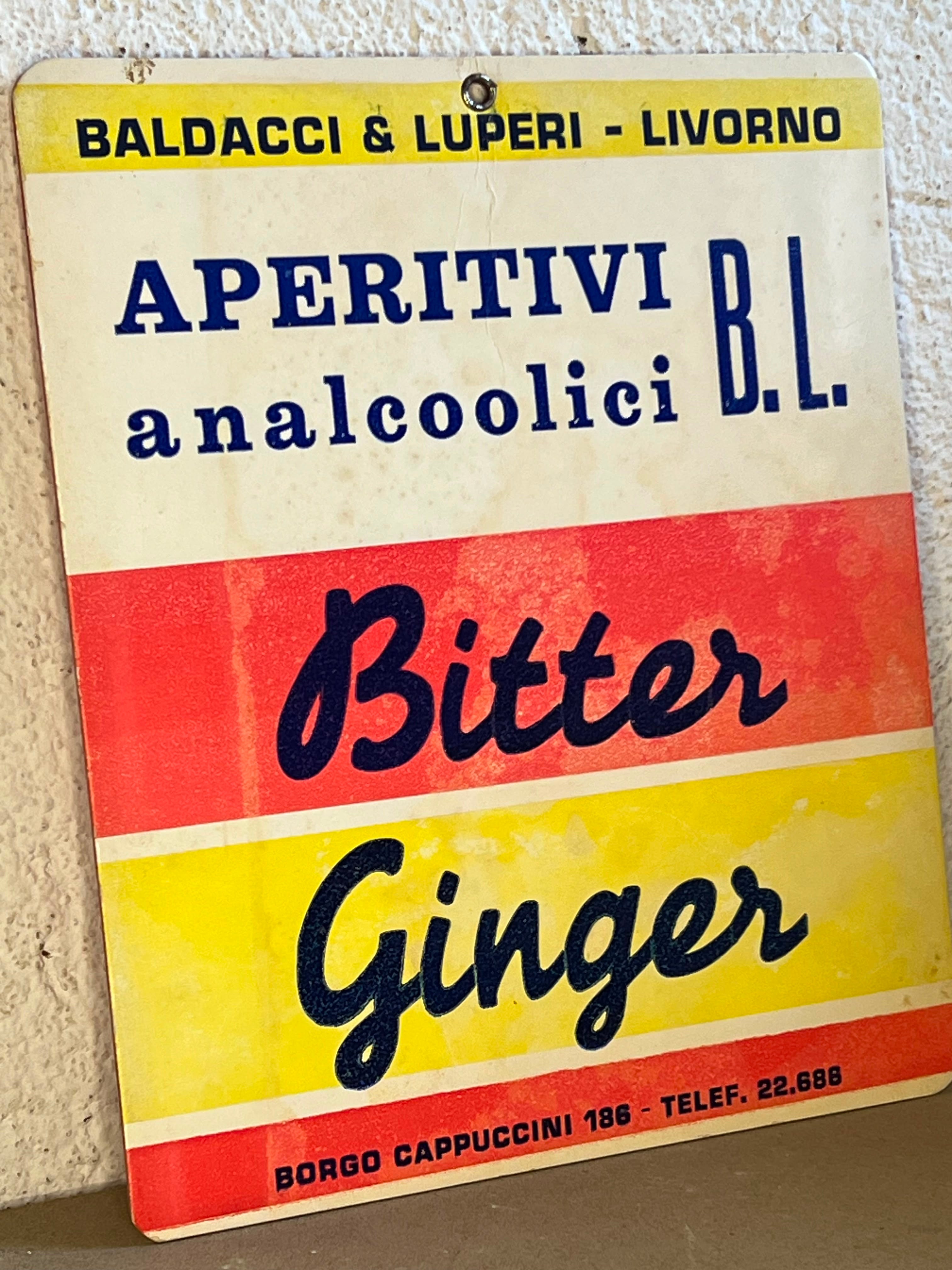 Cartello Pubblicitario Vintage Baldacci & Luperi Livorno - Bitter Ginger Anni '60