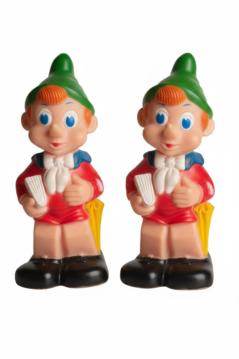 Coppia Pupazzi Pinocchio Vintage in Gomma Stile Ledra Anni 70/80 pupazzo Scolaro con Libro h20 cm