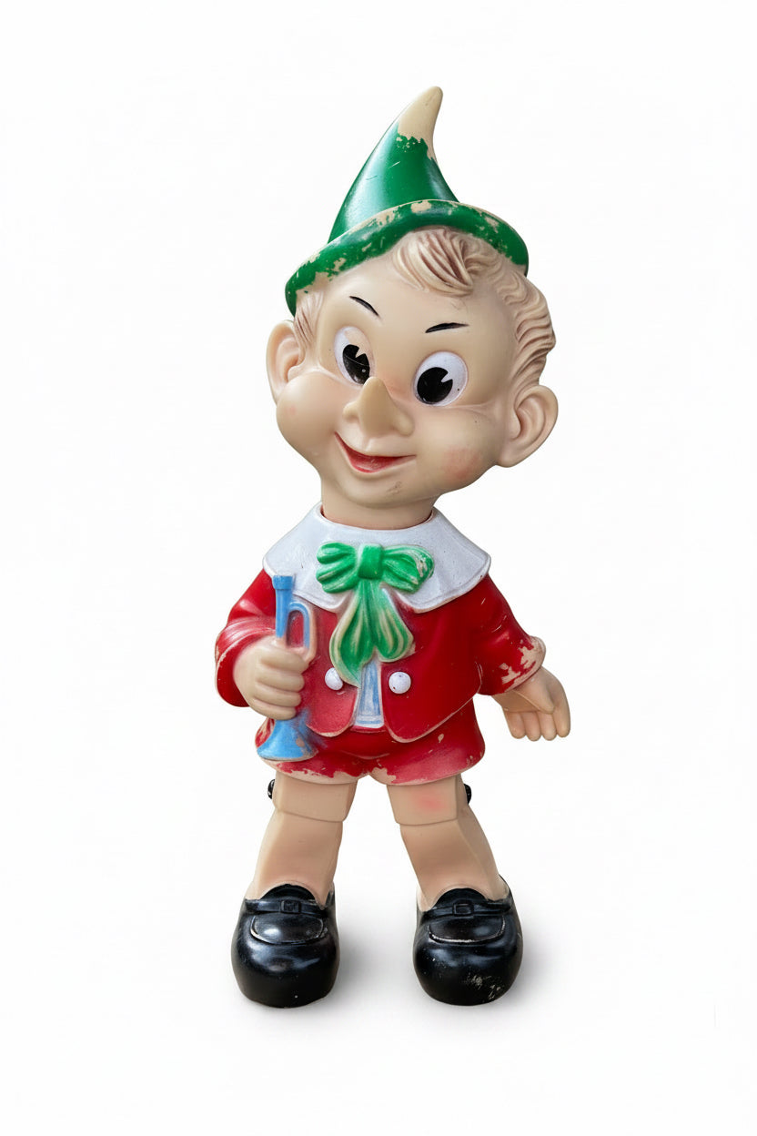 Pupazzo Pinocchio vintage in gomma Ledra Plastic anni 60 con trombetta - H 38 cm