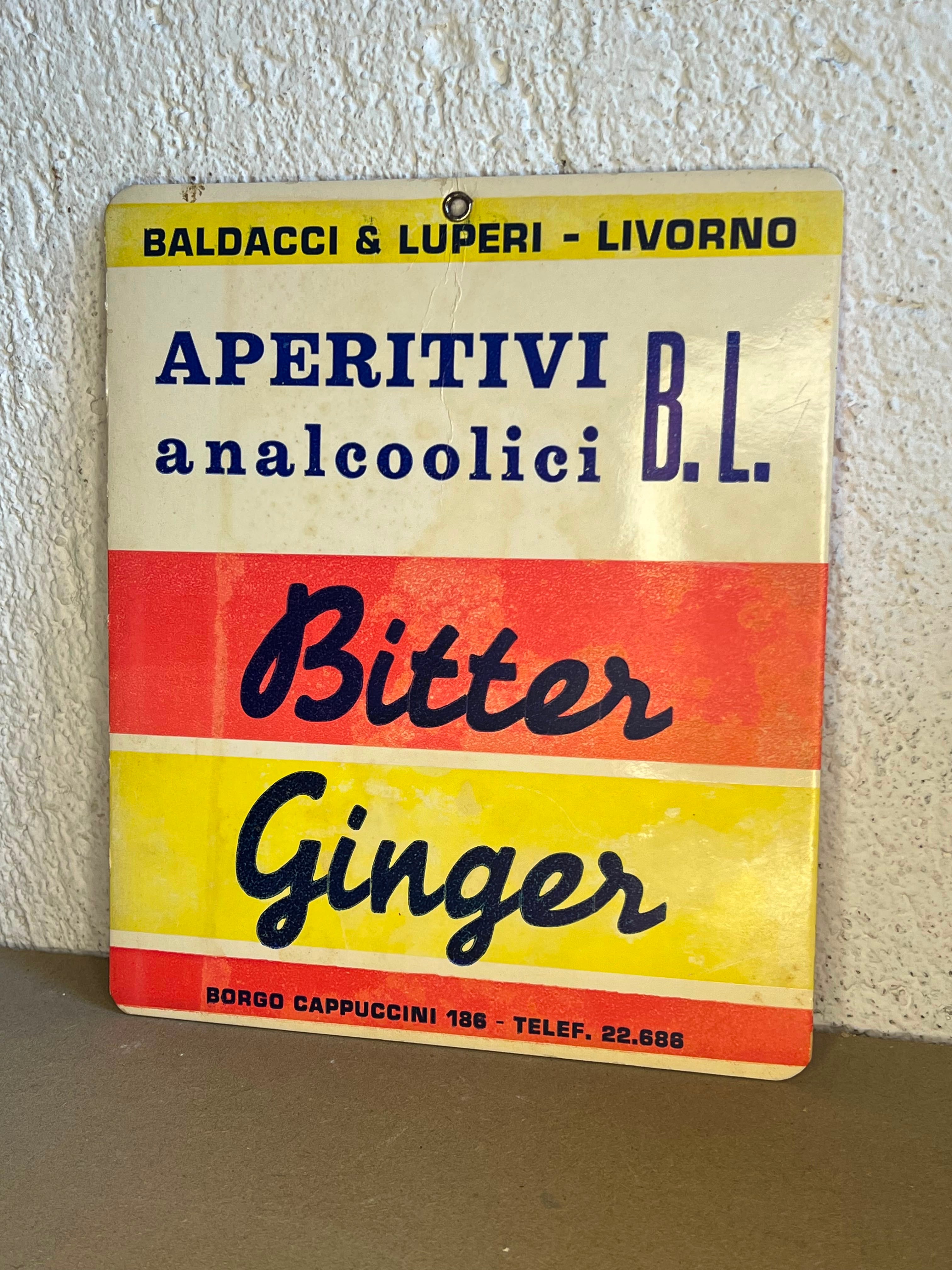 Cartello Pubblicitario Vintage Baldacci & Luperi Livorno - Bitter Ginger Anni '60