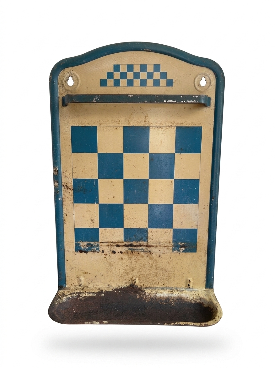 Portamestoli da Parete Vintage Anni '60 in Metallo Smaltato – Stile Lustucru a Scacchi Blu e Panna – Portautensili da Cucina Francese con Vaschetta Salvagoccia pezzo unico