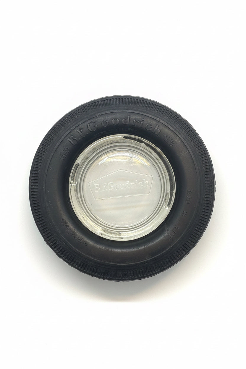 Posacenere Vintage BF Goodrich Anni '60 '70 – Mini Pneumatico in Gomma con Inserto in Vetro