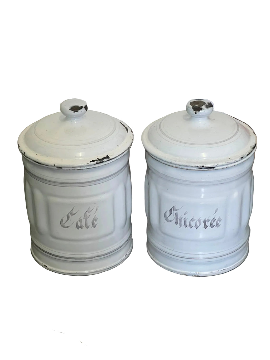 Coppia di Barattoli Antichi Francesi in Metallo Smaltato "Café" e "Chicorée" – Stile Brocante / Shabby Chic (Anni '50) pezzo unico